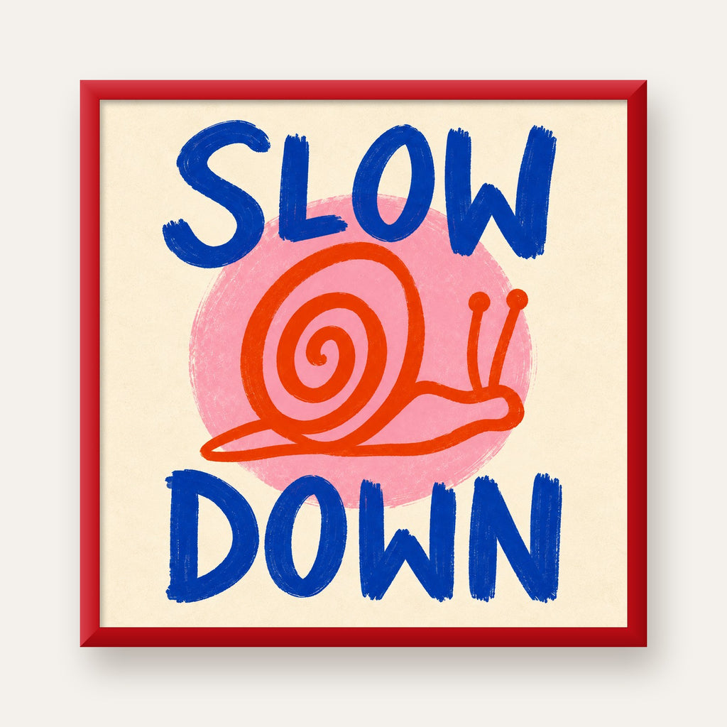 Slow Down Salyangoz Poster – Dijital El İllüstrasyonu — kırmızı çerçeveli