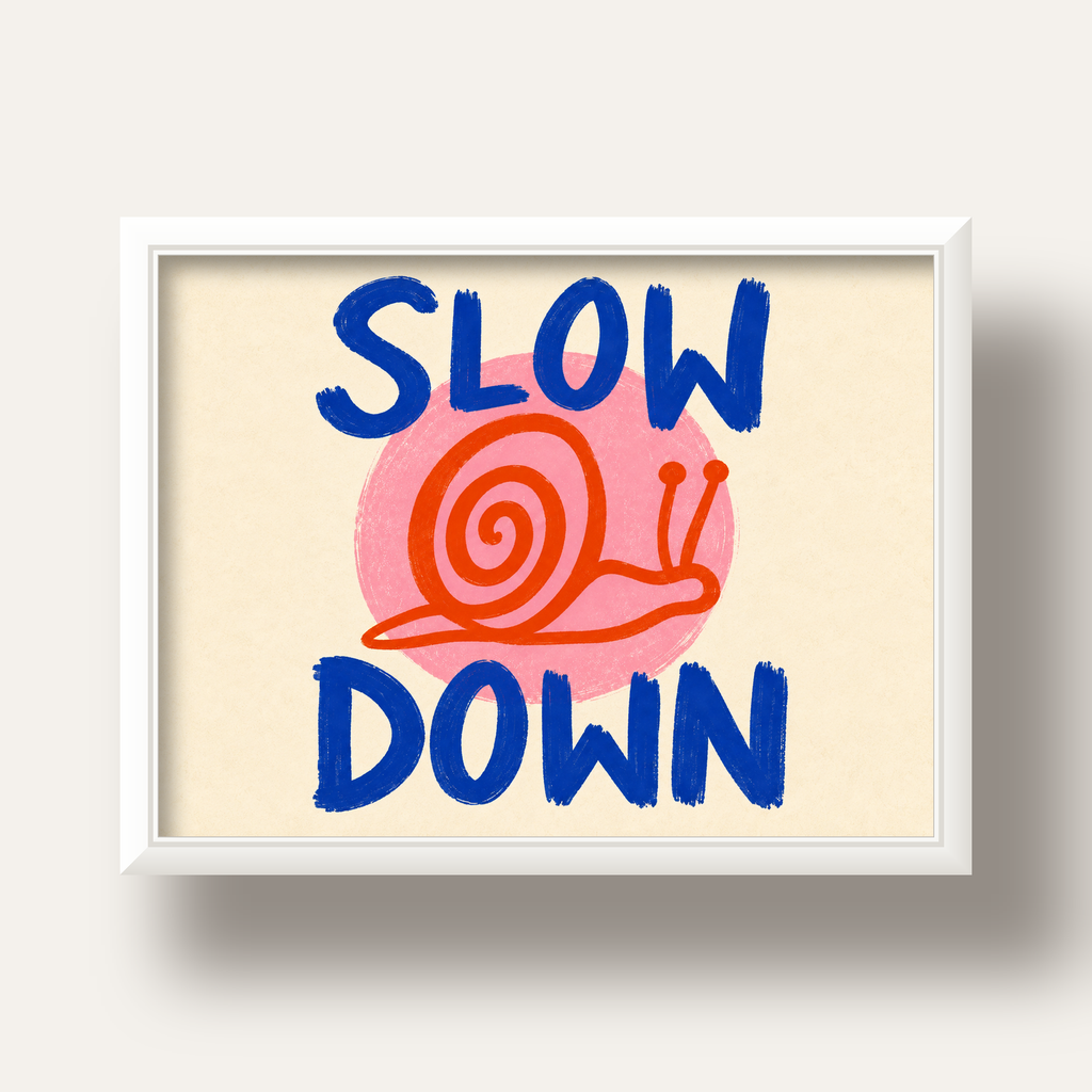 Slow Down Salyangoz Poster – Dijital El İllüstrasyonu — beyaz derin çerçeveli