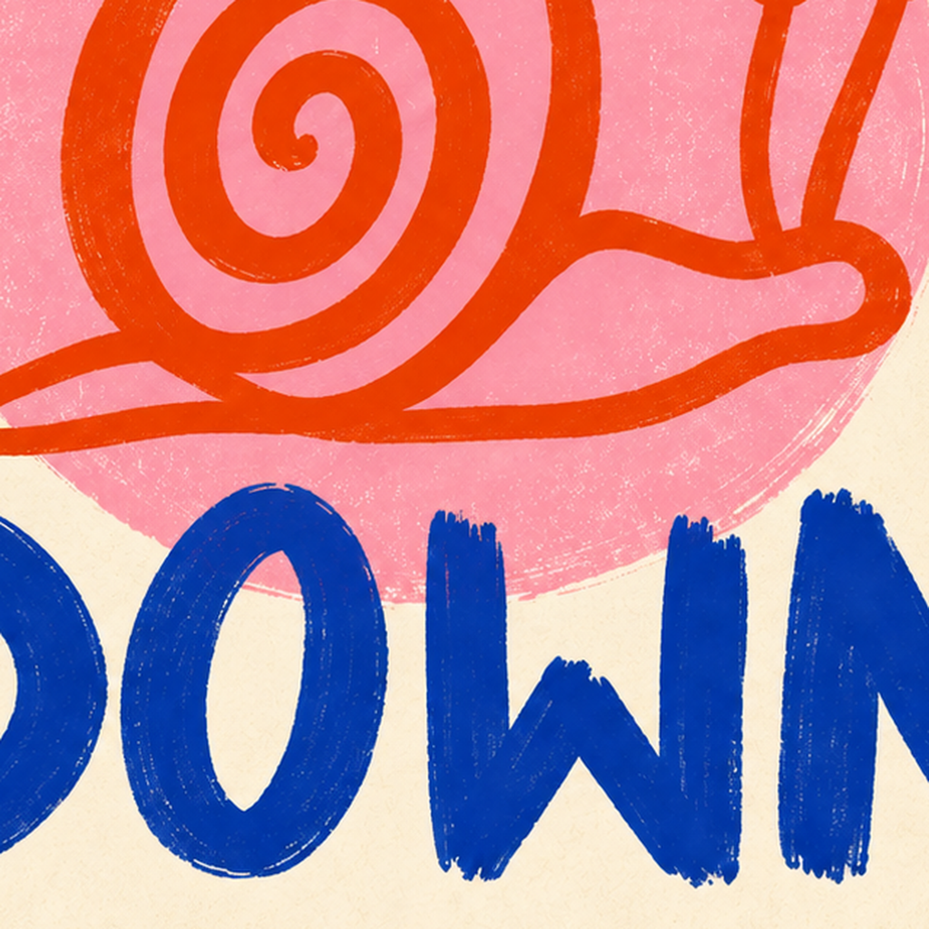 Slow Down Salyangoz Poster – Dijital El İllüstrasyonu — baskının yakın çekimi, kâğıt dokusu ve renk detayı