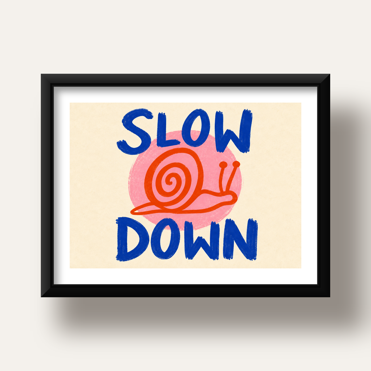 Slow Down Salyangoz Poster – Dijital El İllüstrasyonu — siyah derin çerçeveli paspartulu