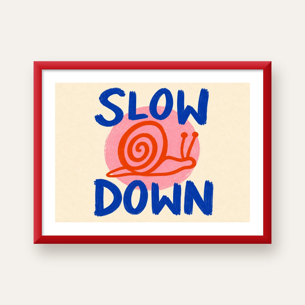 Slow Down Salyangoz Poster – Dijital El İllüstrasyonu — kırmızı çerçeveli paspartulu