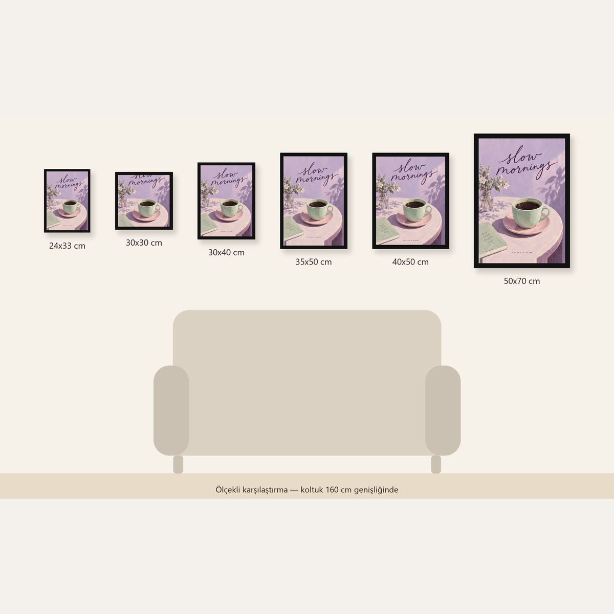 Pembe Masada Sabah Kahvesi İllüstrasyon Poster — Dikey ölçülerinin karşılaştırması