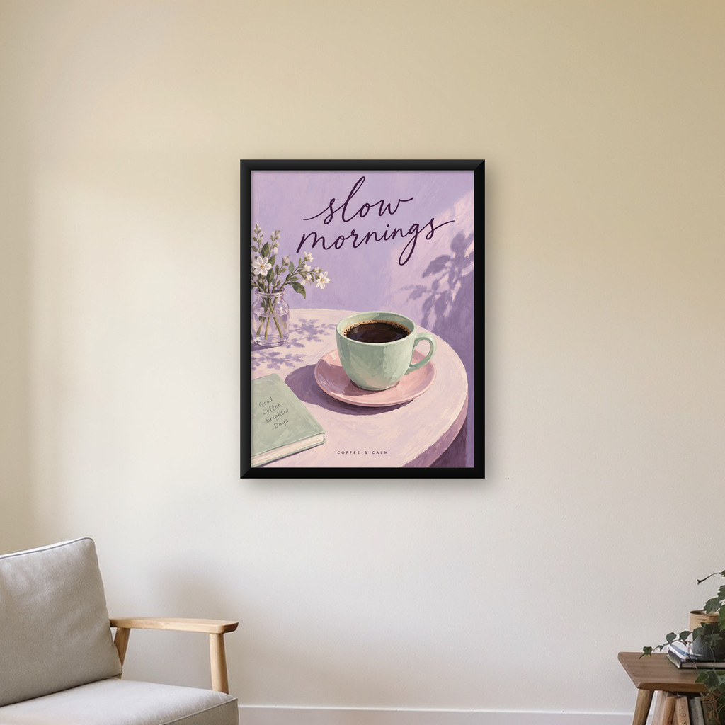 Pembe Masada Sabah Kahvesi İllüstrasyon Poster — Dikey baskı, çerçeveli hâliyle bir ev duvarında