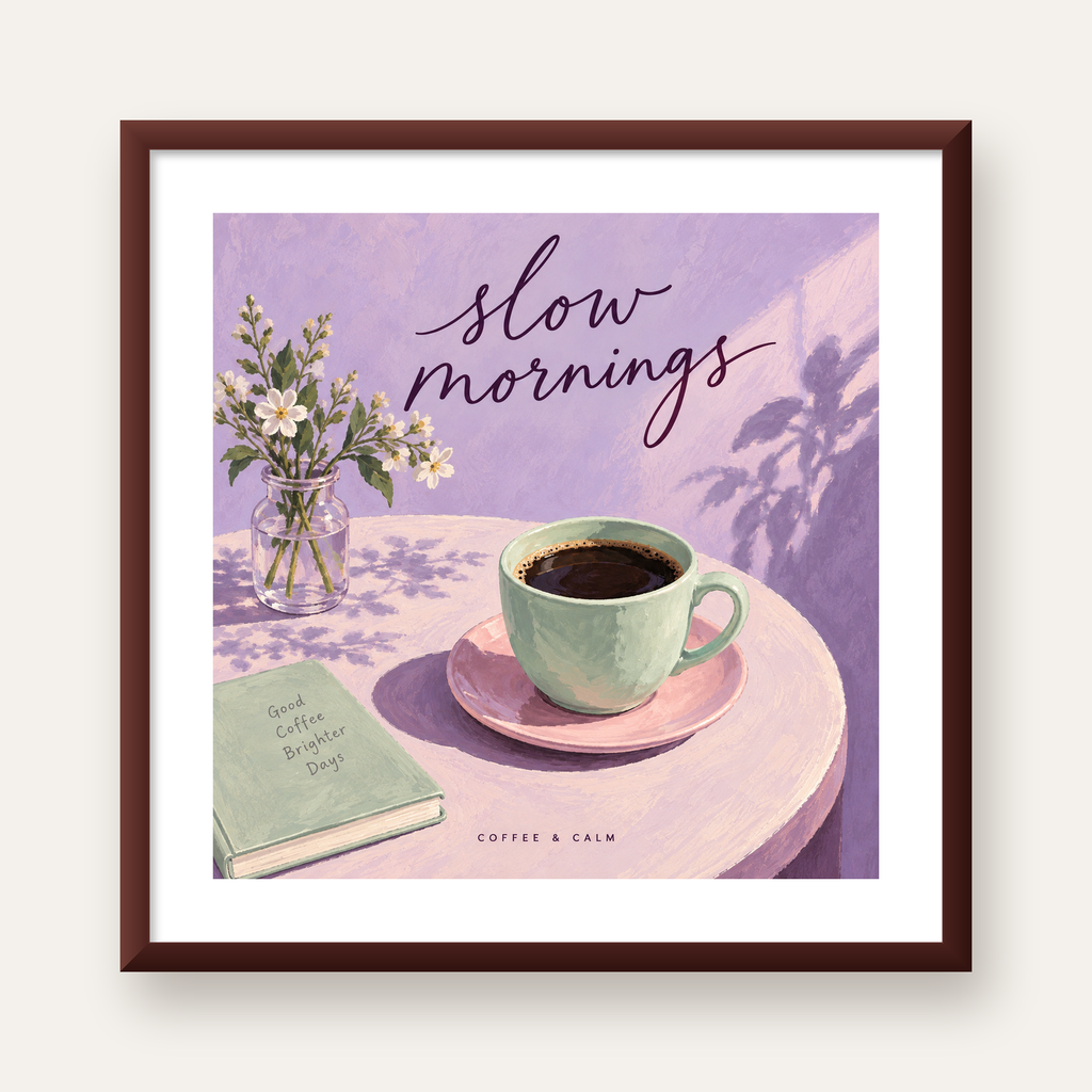 Pembe Masada Sabah Kahvesi İllüstrasyon Poster — ceviz çerçeveli paspartulu