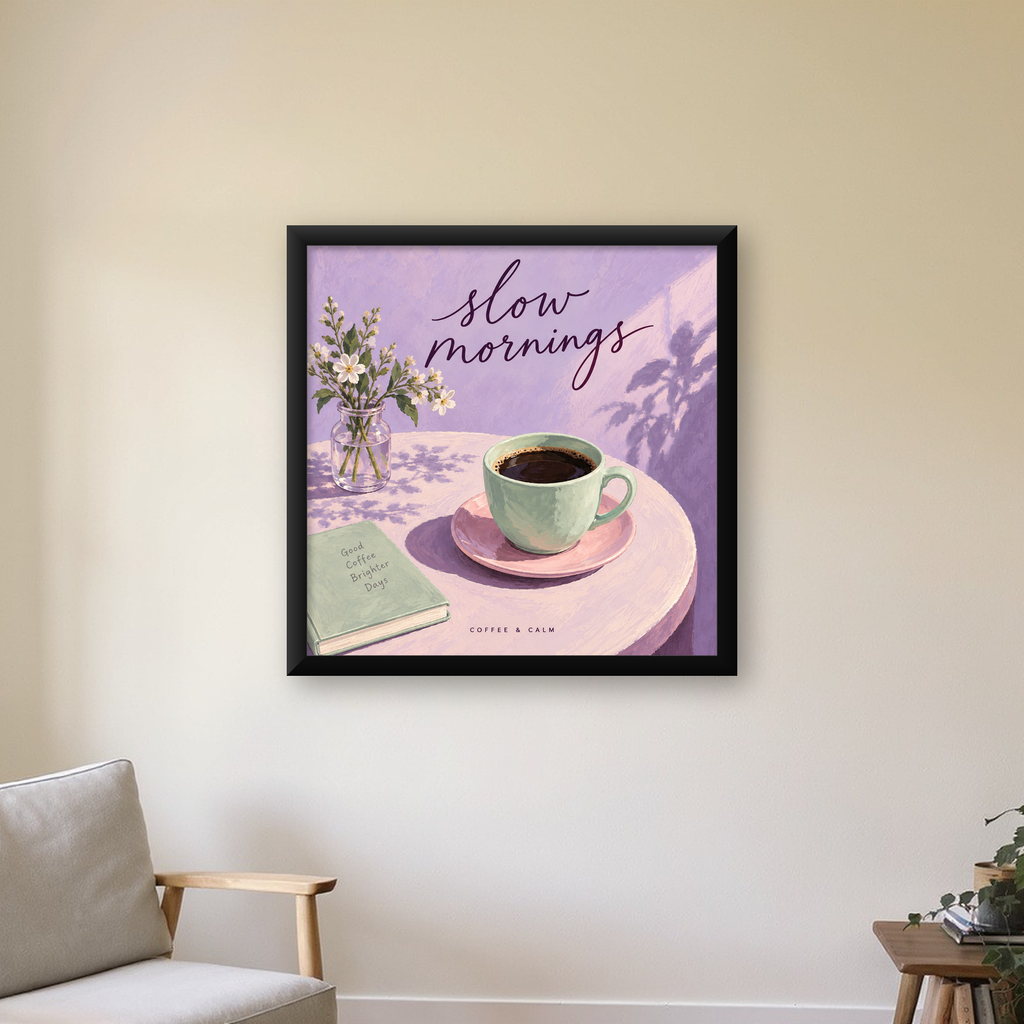 Pembe Masada Sabah Kahvesi İllüstrasyon Poster — Kare baskı, çerçeveli hâliyle bir ev duvarında