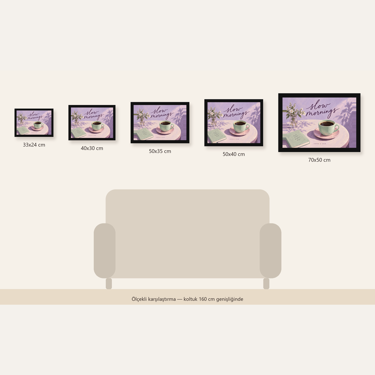 Pembe Masada Sabah Kahvesi İllüstrasyon Poster — Yatay ölçülerinin karşılaştırması