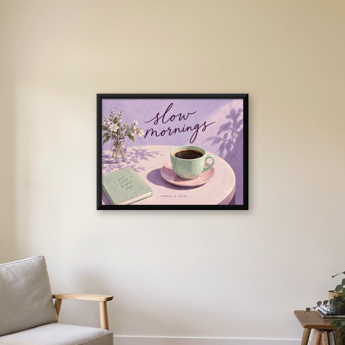 Pembe Masada Sabah Kahvesi İllüstrasyon Poster — Yatay baskı, çerçeveli hâliyle bir ev duvarında