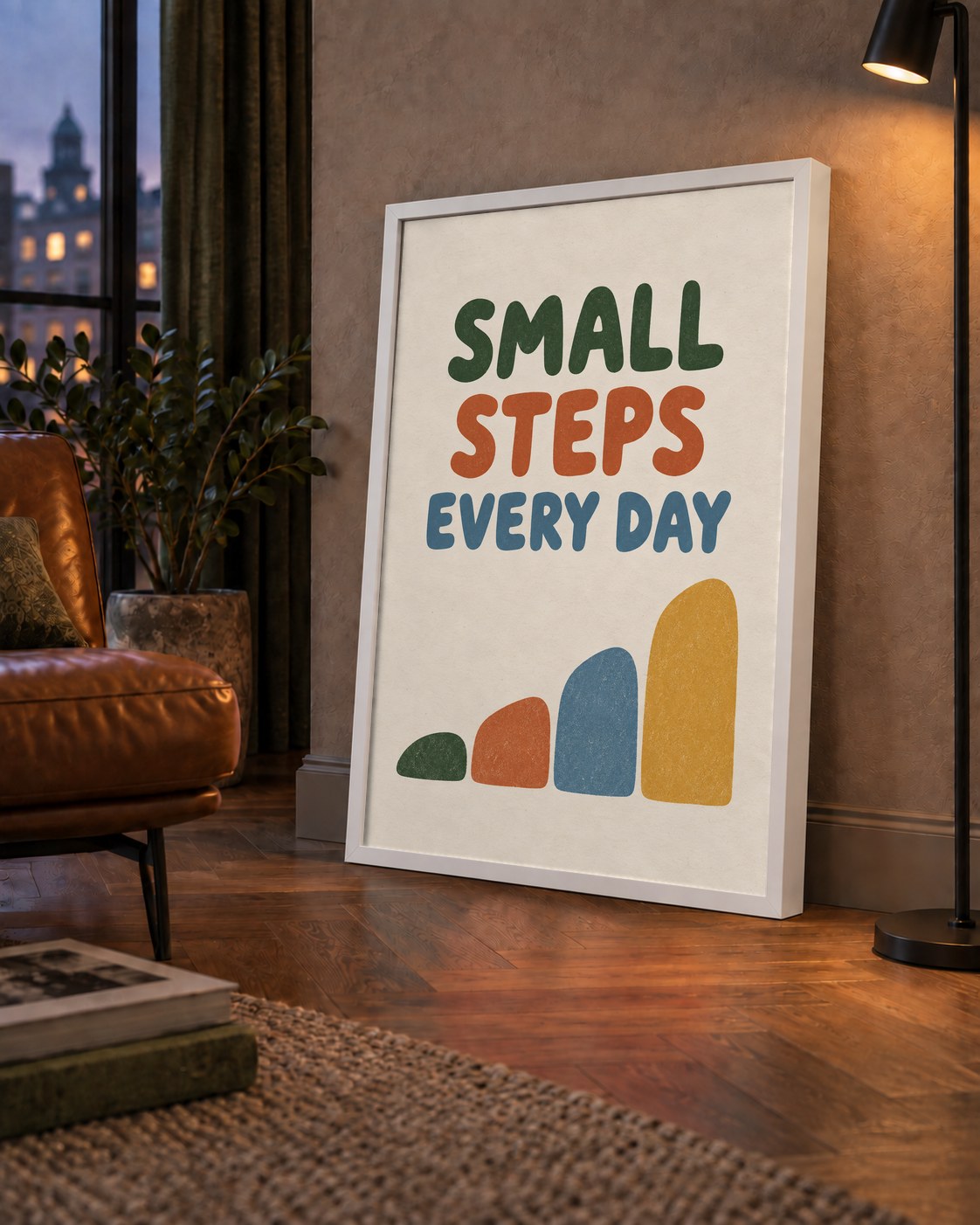 Small Steps Every Day - Minimal Dijital İlham Poster — çerçeveli hâliyle bir ev duvarında