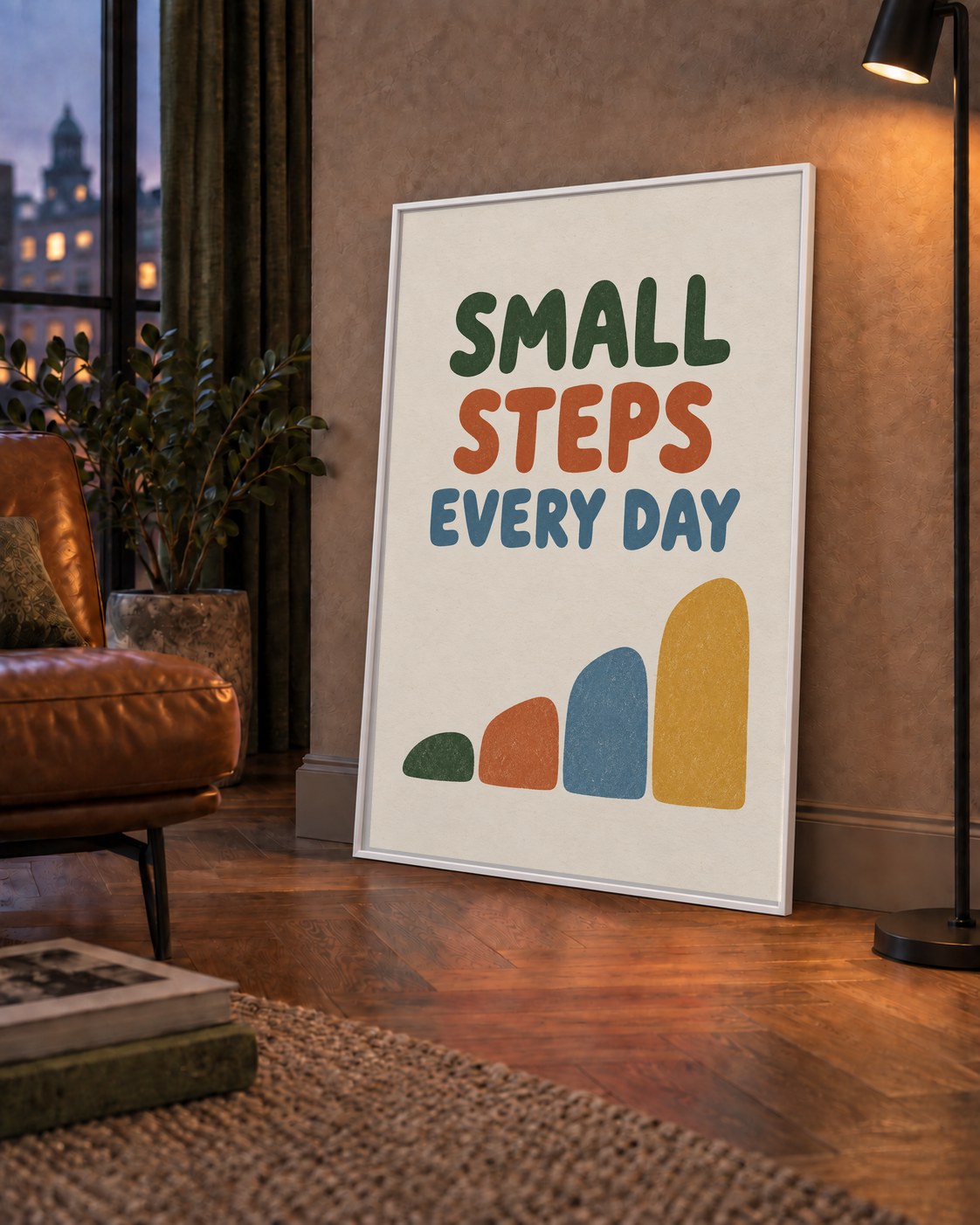 Small Steps Every Day - Minimal Dijital İlham Poster — çerçeveli hâliyle bir ev duvarında
