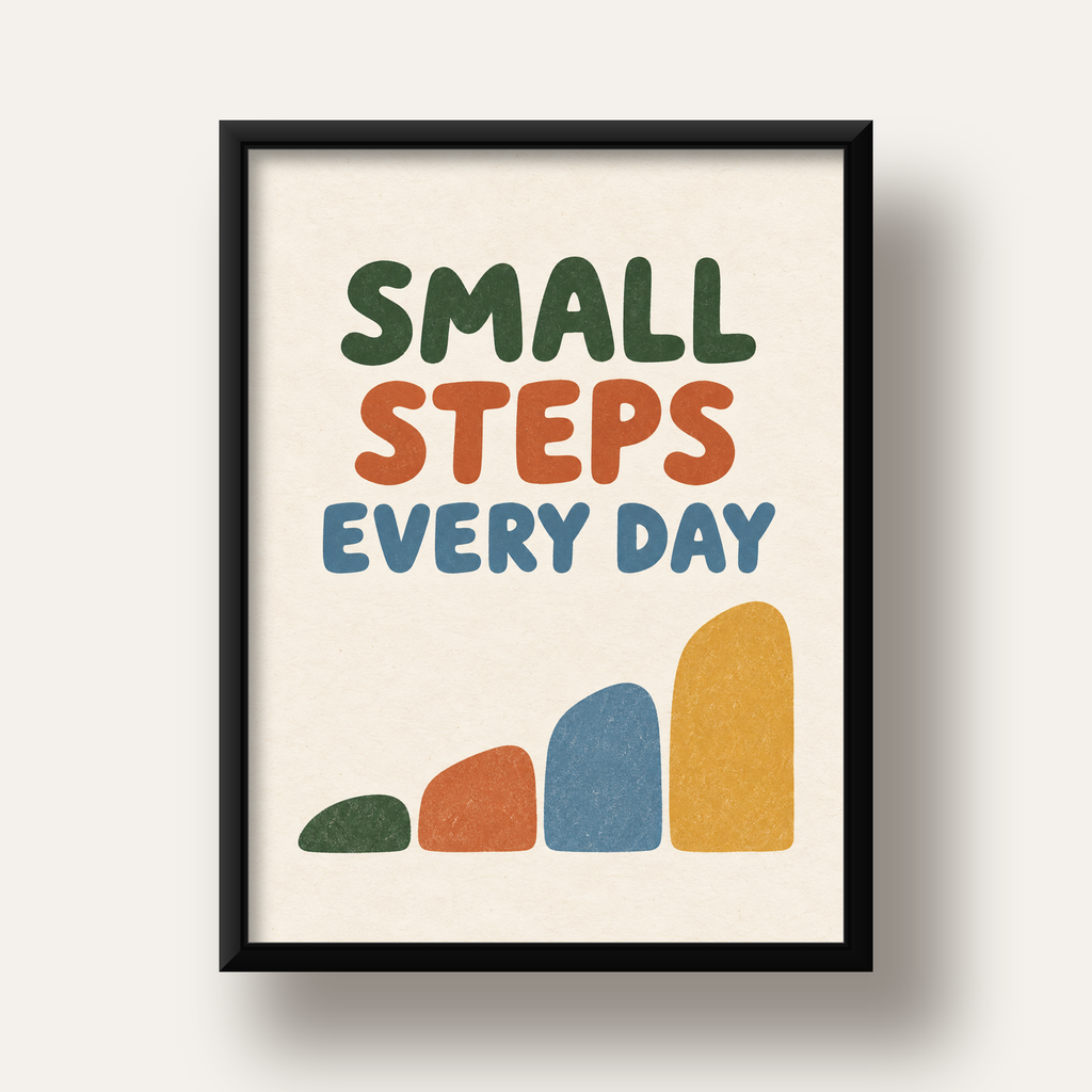 Small Steps Every Day - Minimal Dijital İlham Poster — siyah derin çerçeveli