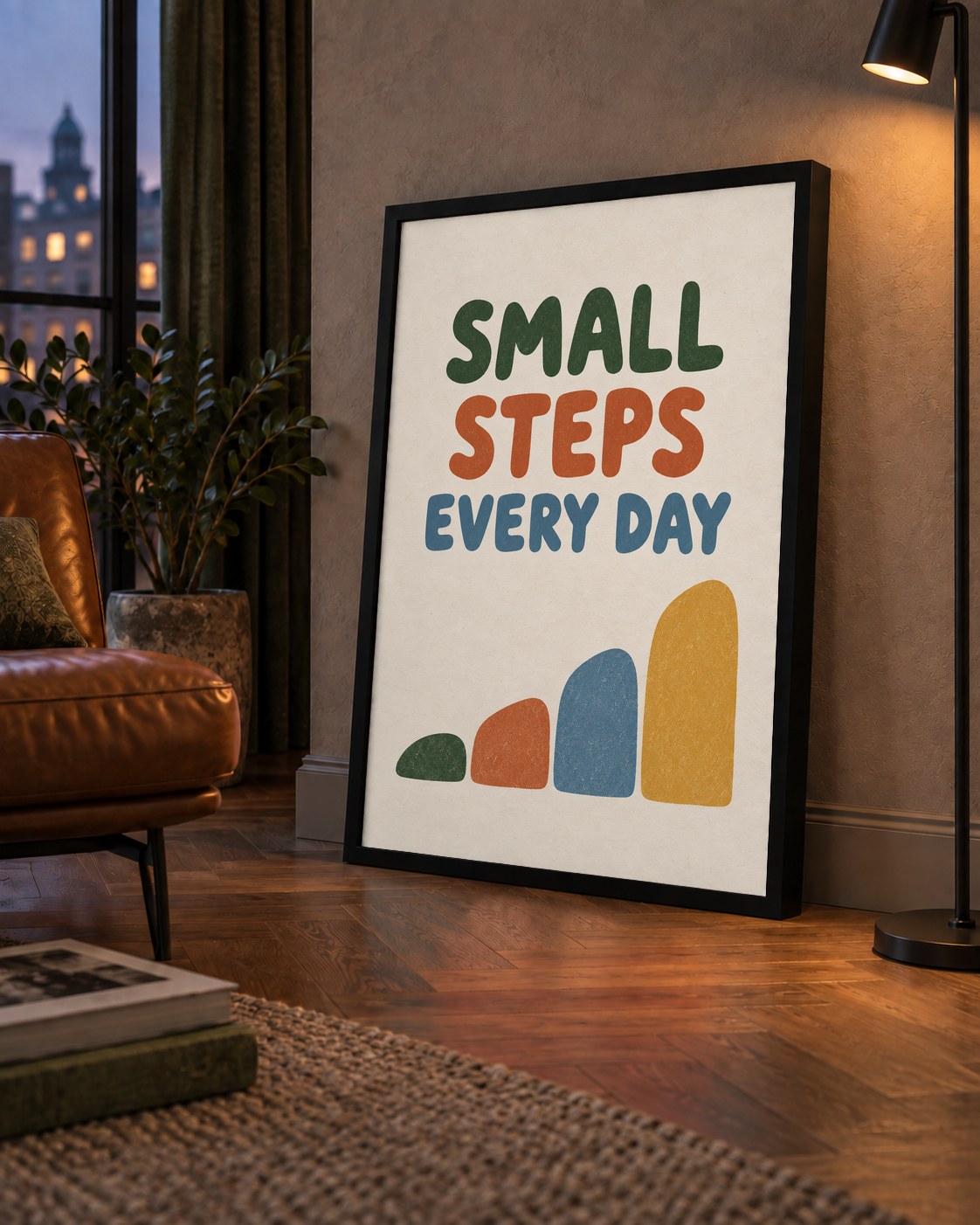 Small Steps Every Day - Minimal Dijital İlham Poster — çerçeveli hâliyle bir ev duvarında
