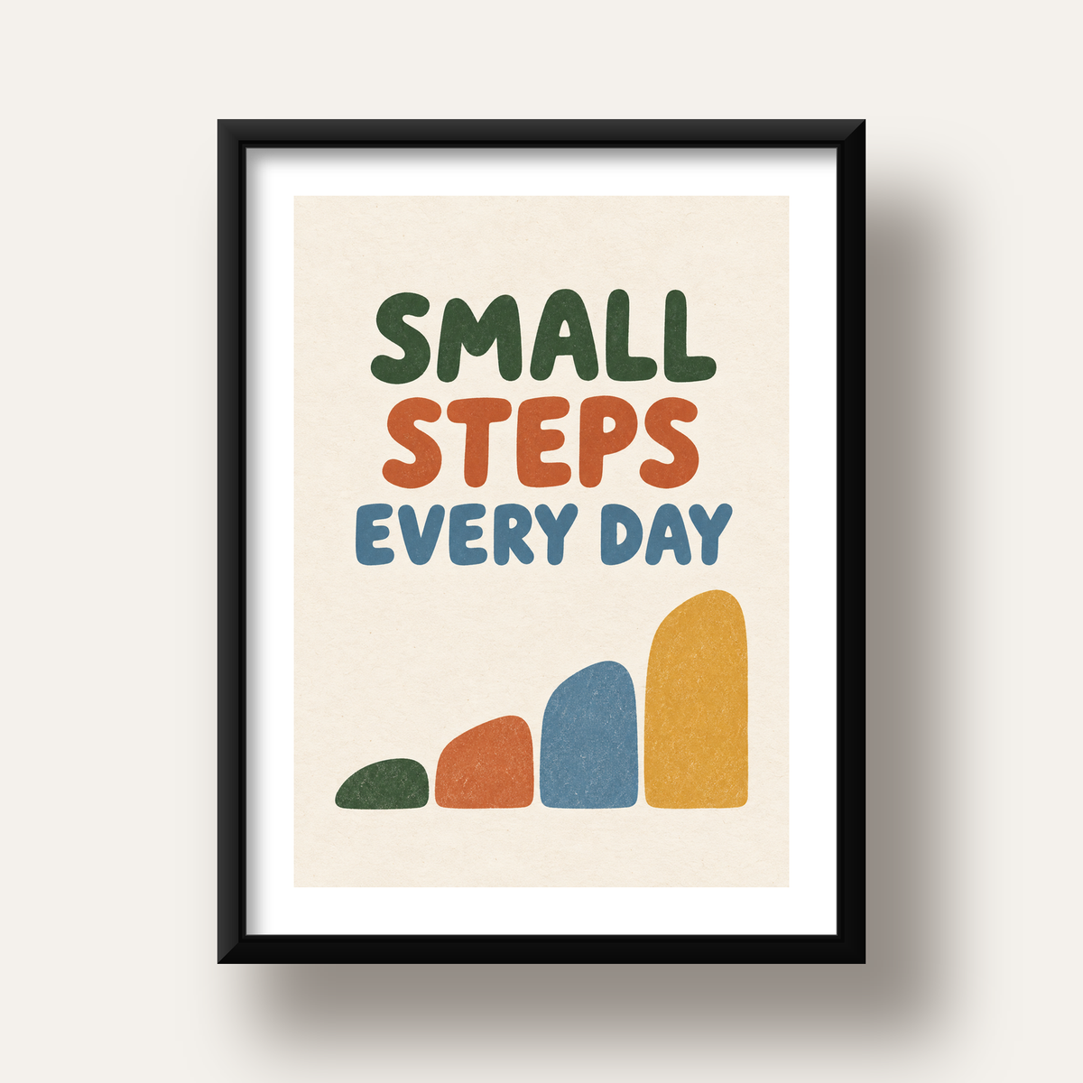 Small Steps Every Day - Minimal Dijital İlham Poster — siyah derin çerçeveli paspartulu