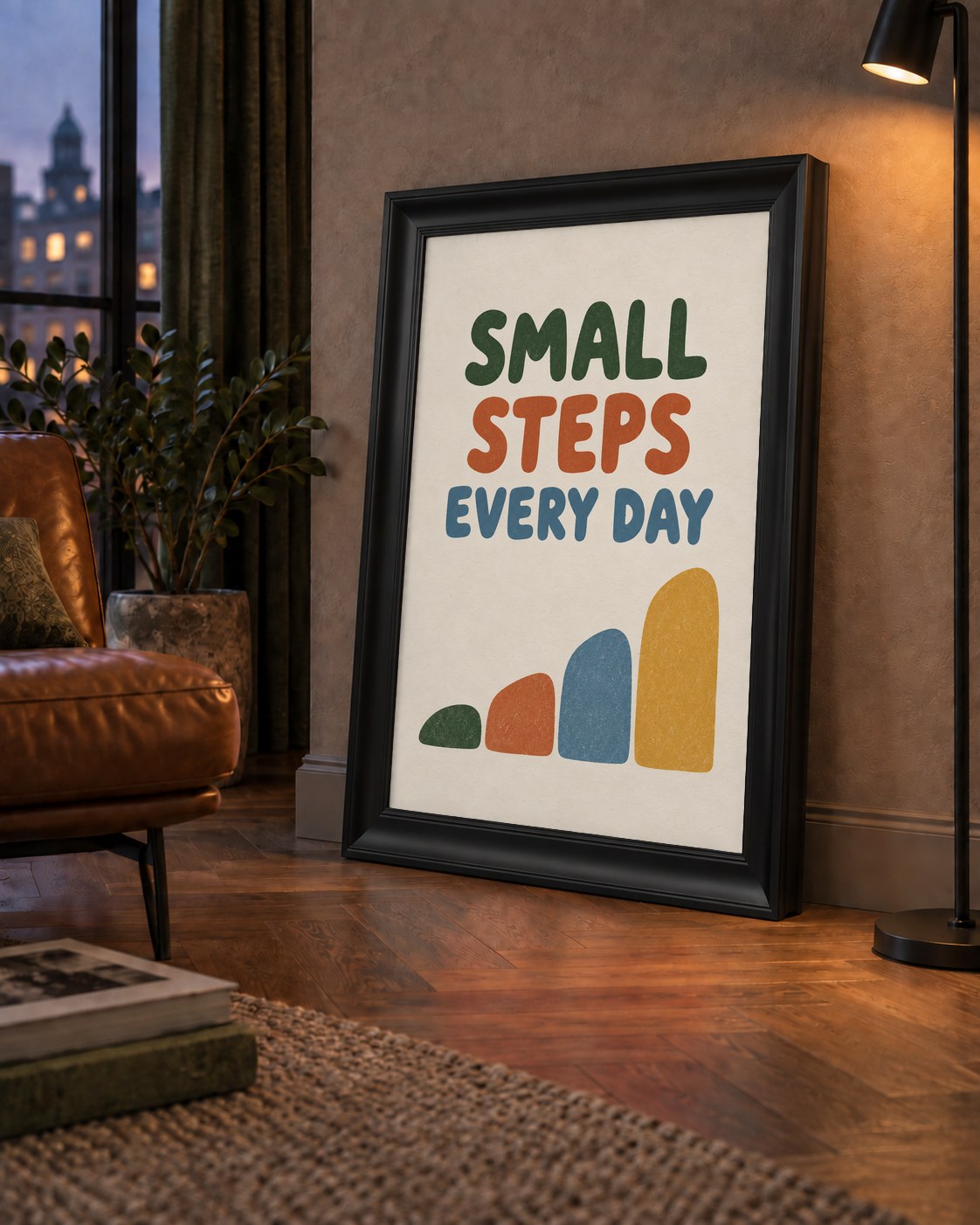 Small Steps Every Day - Minimal Dijital İlham Poster — çerçeveli hâliyle bir ev duvarında