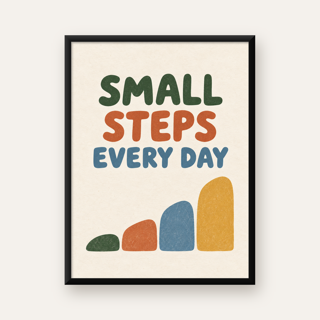 Small Steps Every Day - Minimal Dijital İlham Poster — Dikey baskı, düz siyah çerçeveli duvar posteri