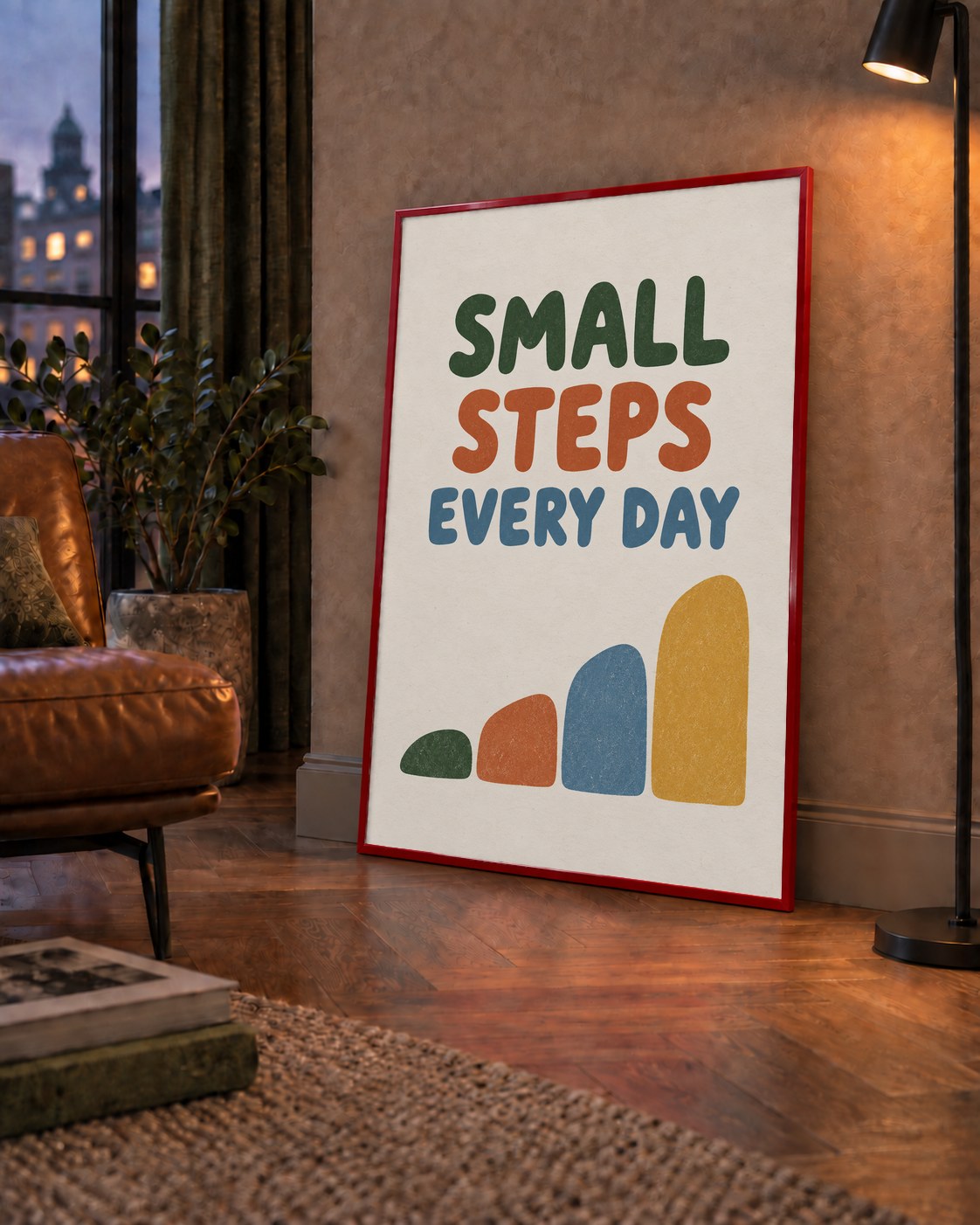 Small Steps Every Day - Minimal Dijital İlham Poster — çerçeveli hâliyle bir ev duvarında