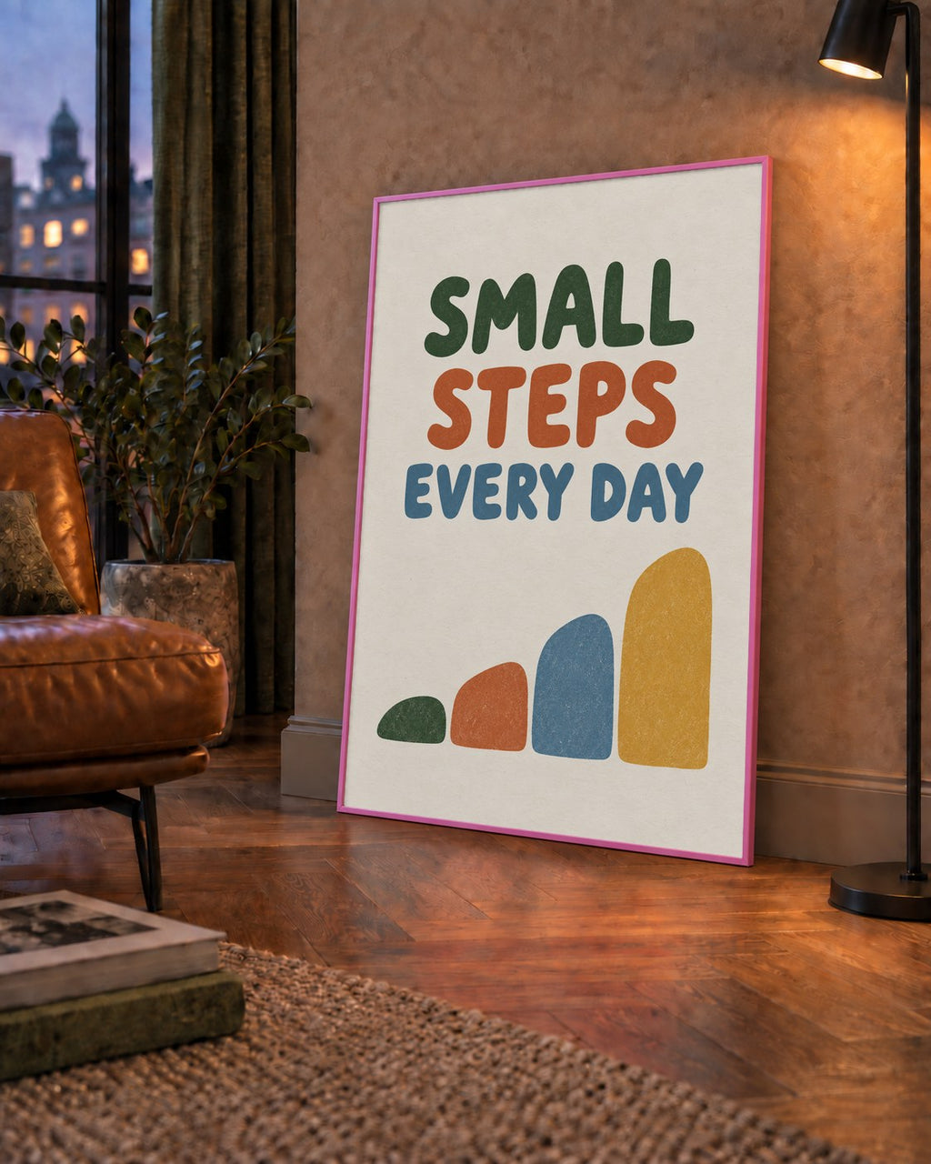Small Steps Every Day - Minimal Dijital İlham Poster — çerçeveli hâliyle bir ev duvarında