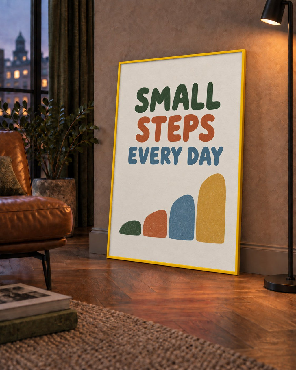 Small Steps Every Day - Minimal Dijital İlham Poster — çerçeveli hâliyle bir ev duvarında