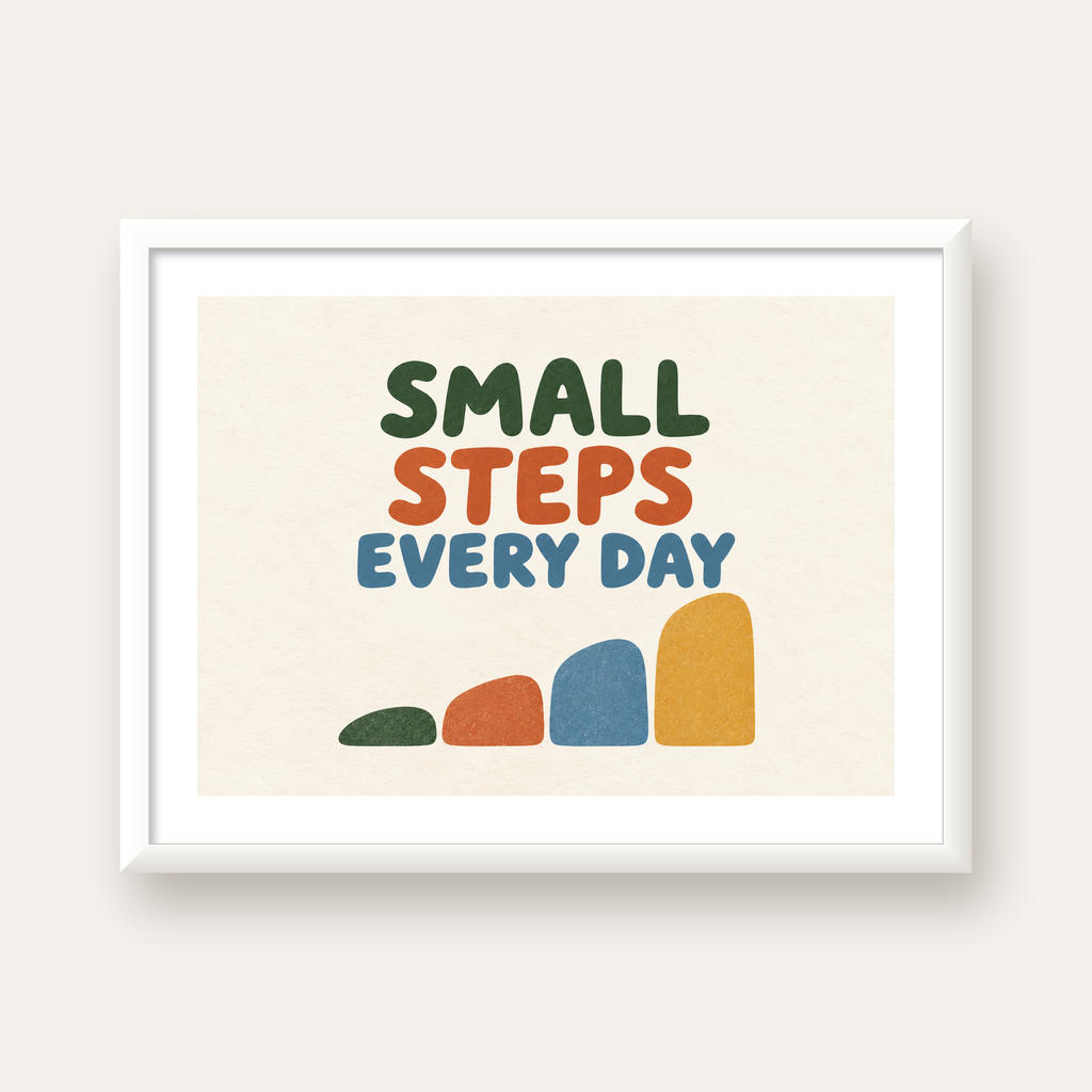 Small Steps Every Day - Minimal Dijital İlham Poster — beyaz çerçeveli yatay poster