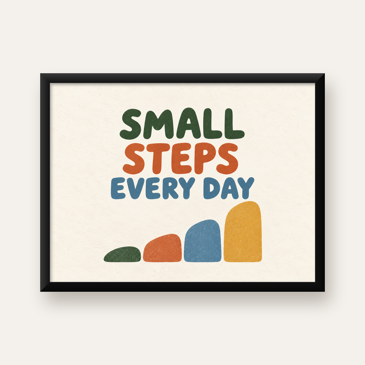 Small Steps Every Day - Minimal Dijital İlham Poster — Yatay baskı, düz siyah çerçeveli duvar posteri