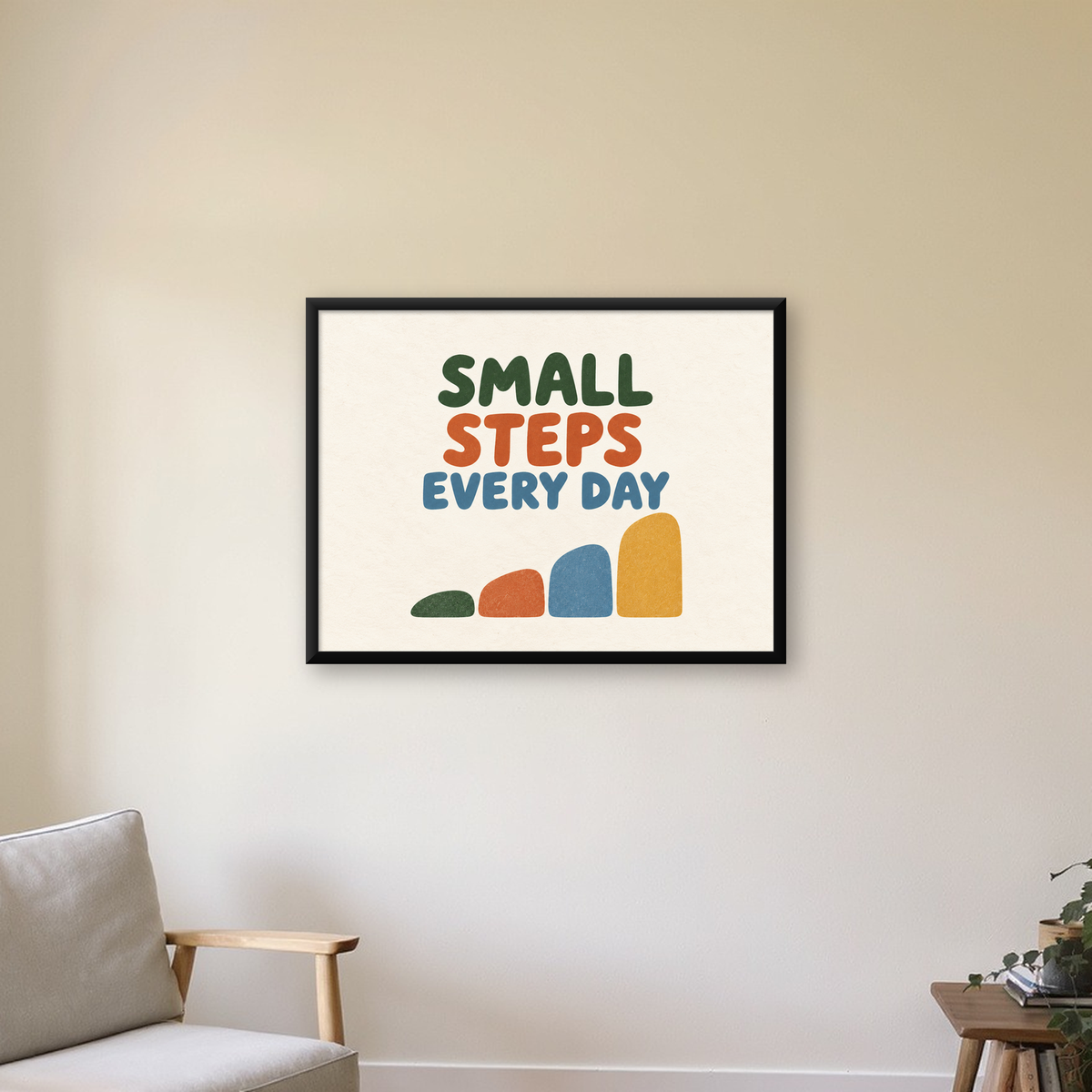 Small Steps Every Day - Minimal Dijital İlham Poster — Yatay baskı, çerçeveli hâliyle bir ev duvarında