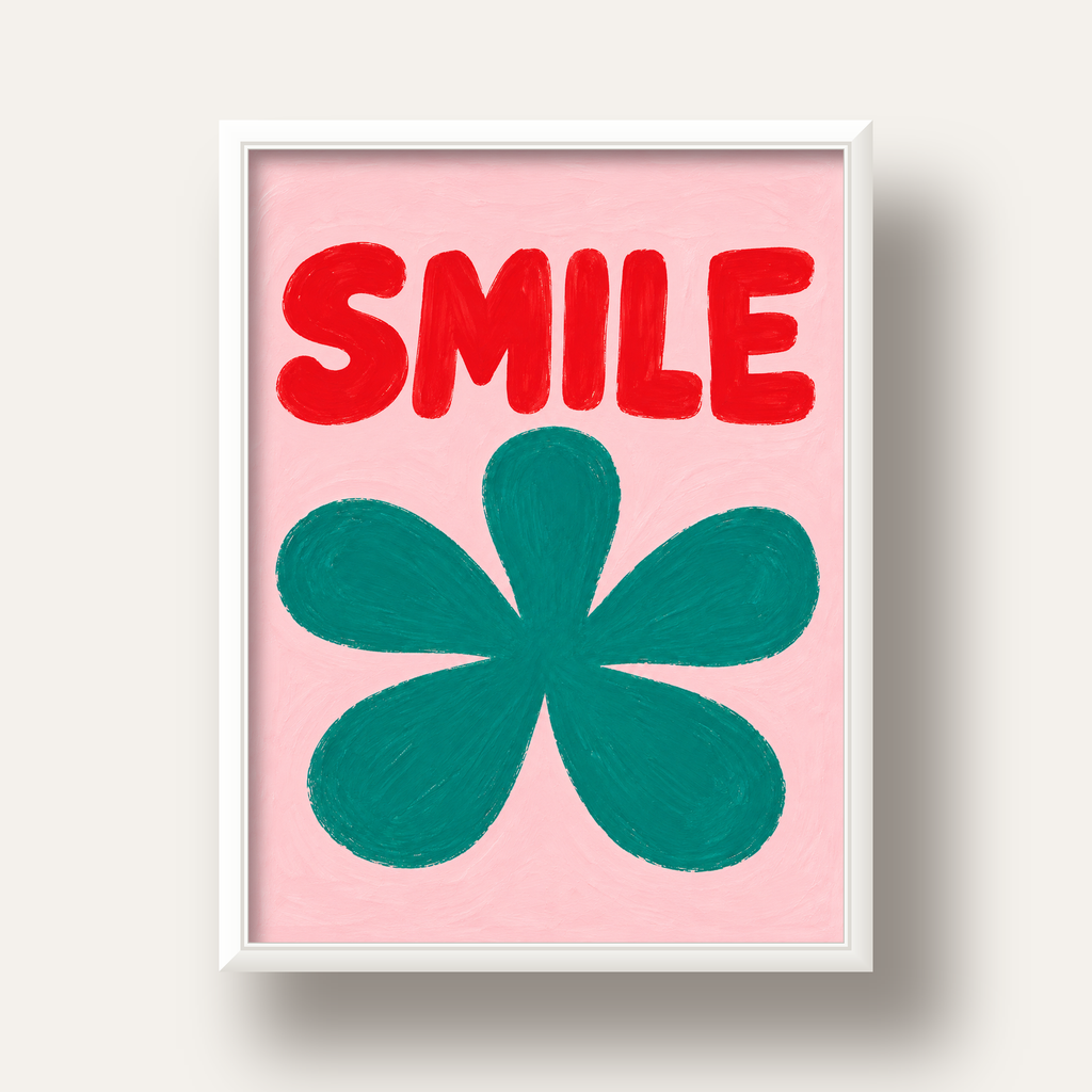 SMILE Kırmızı Yazılı Koyu Yeşil Çiçek Poster – Modern Duvar Sanatı — beyaz derin çerçeveli