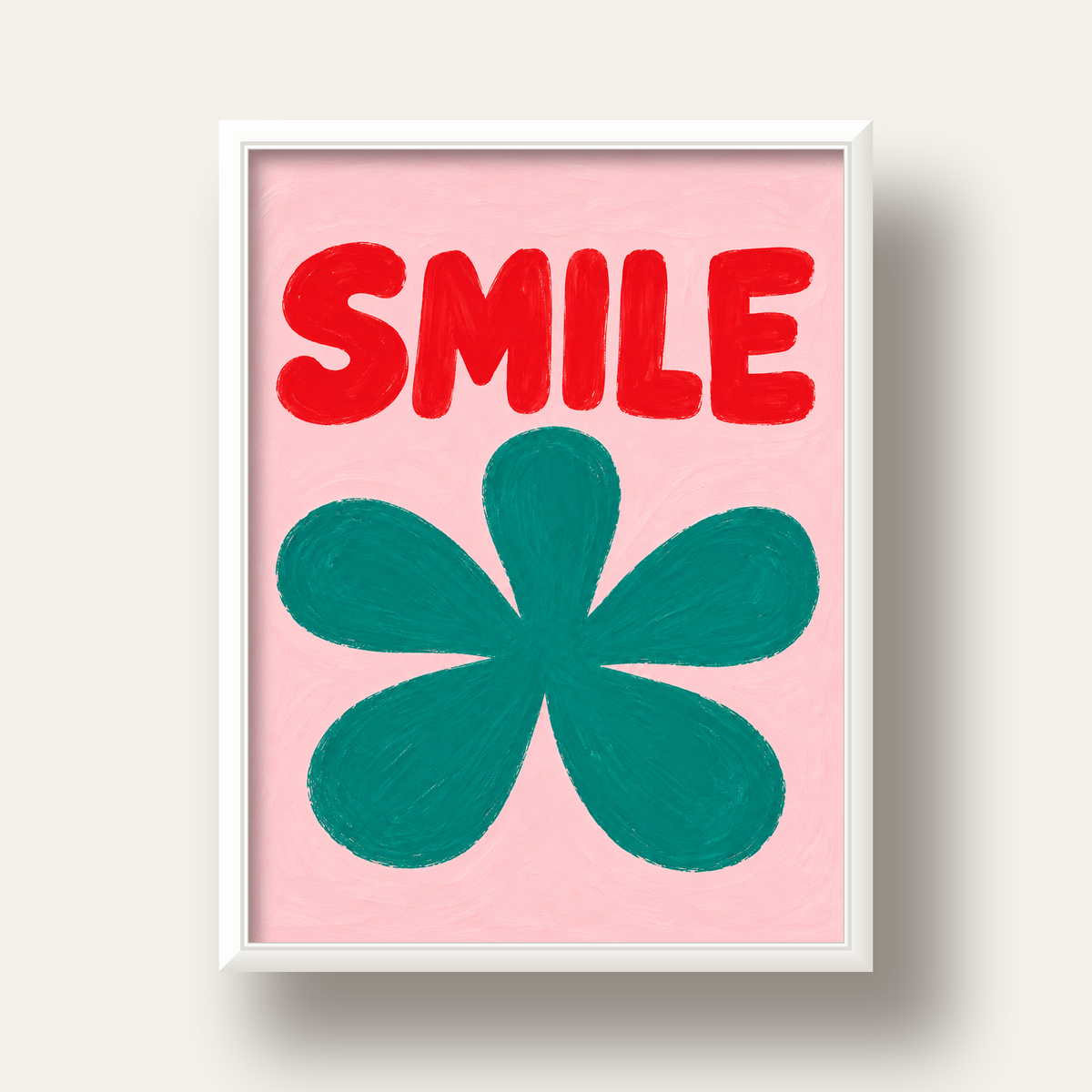 SMILE Kırmızı Yazılı Koyu Yeşil Çiçek Poster – Modern Duvar Sanatı — beyaz derin çerçeveli