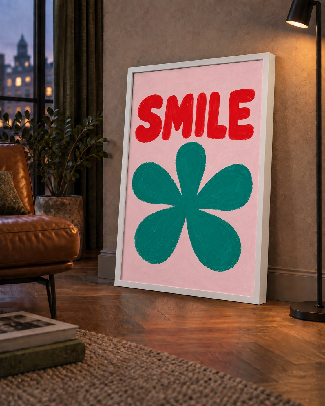 SMILE Kırmızı Yazılı Koyu Yeşil Çiçek Poster – Modern Duvar Sanatı — çerçeveli hâliyle bir ev duvarında
