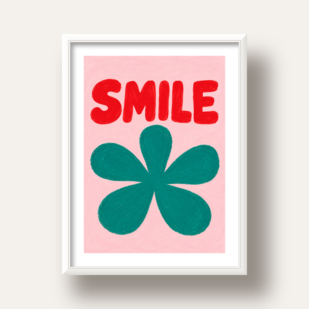 SMILE Kırmızı Yazılı Koyu Yeşil Çiçek Poster – Modern Duvar Sanatı — beyaz derin çerçeveli paspartulu