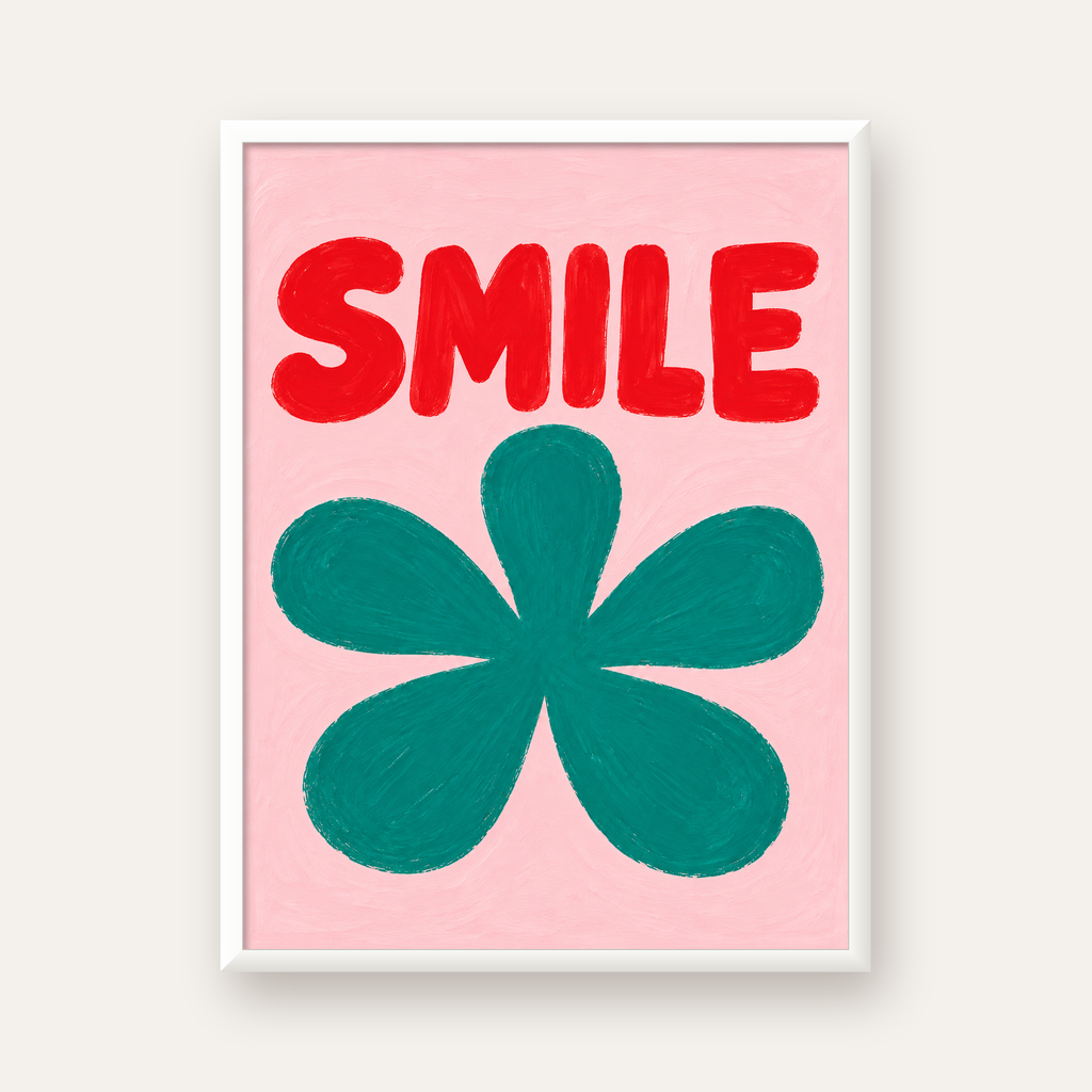 SMILE Kırmızı Yazılı Koyu Yeşil Çiçek Poster – Modern Duvar Sanatı — beyaz çerçeveli dikey poster