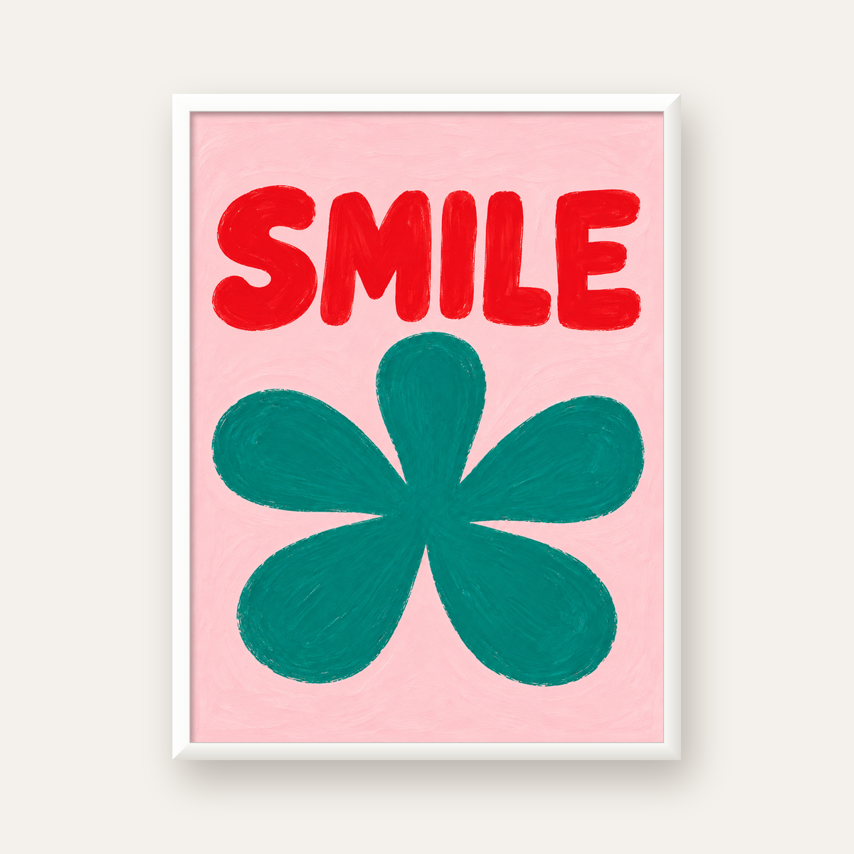 SMILE Kırmızı Yazılı Koyu Yeşil Çiçek Poster – Modern Duvar Sanatı — beyaz çerçeveli dikey poster