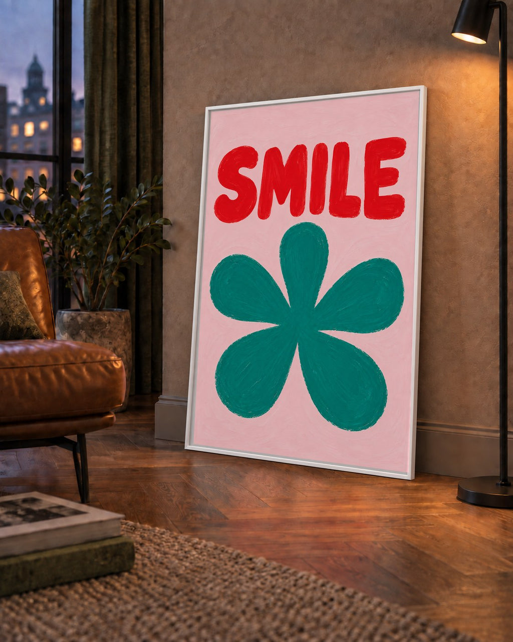 SMILE Kırmızı Yazılı Koyu Yeşil Çiçek Poster – Modern Duvar Sanatı — çerçeveli hâliyle bir ev duvarında
