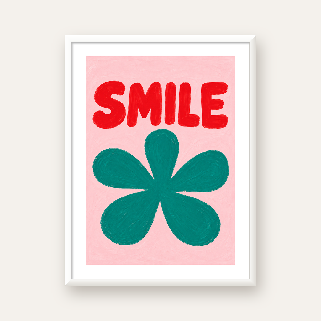 SMILE Kırmızı Yazılı Koyu Yeşil Çiçek Poster – Modern Duvar Sanatı — beyaz çerçeveli dikey poster