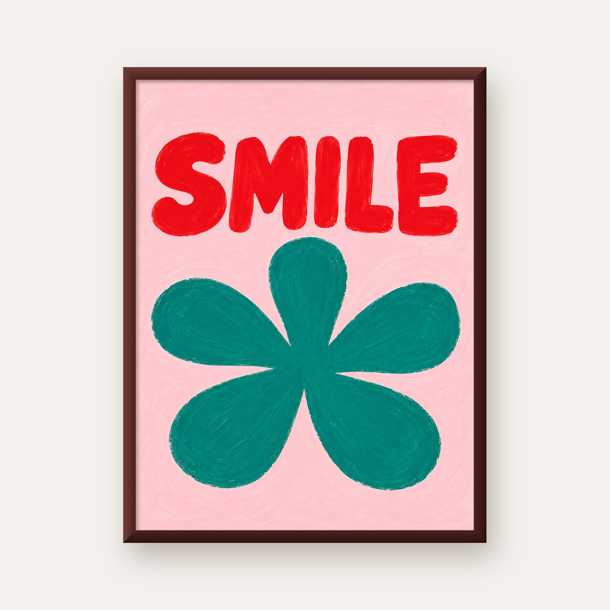 SMILE Kırmızı Yazılı Koyu Yeşil Çiçek Poster – Modern Duvar Sanatı — ceviz çerçeveli
