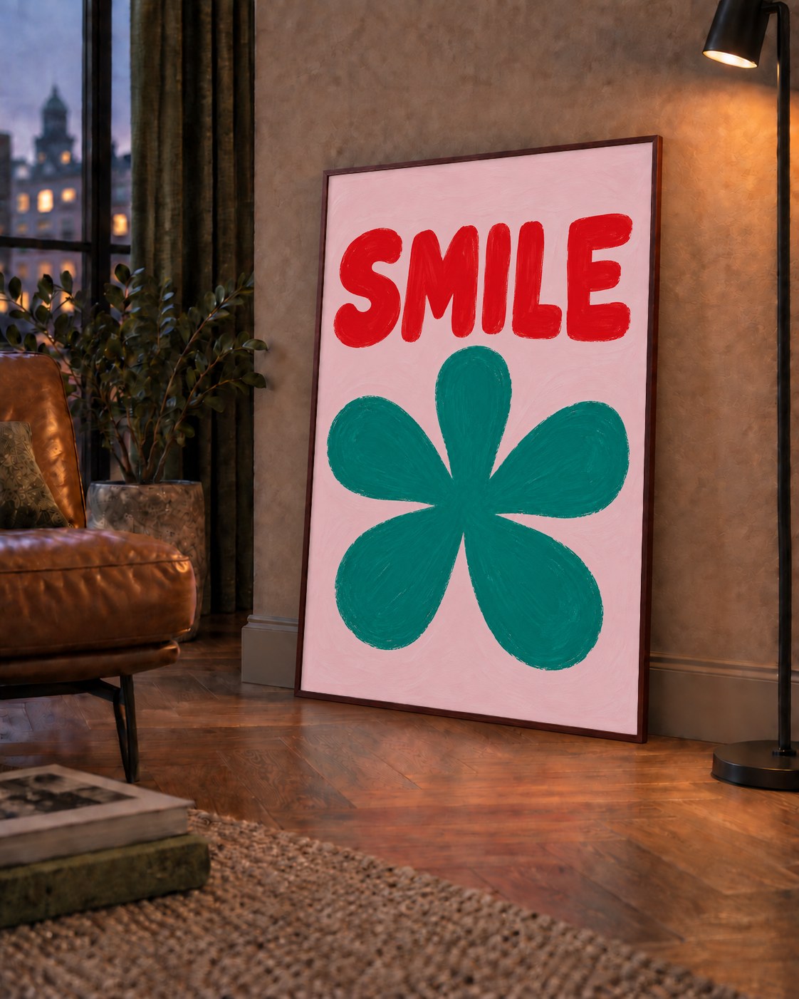 SMILE Kırmızı Yazılı Koyu Yeşil Çiçek Poster – Modern Duvar Sanatı — çerçeveli hâliyle bir ev duvarında