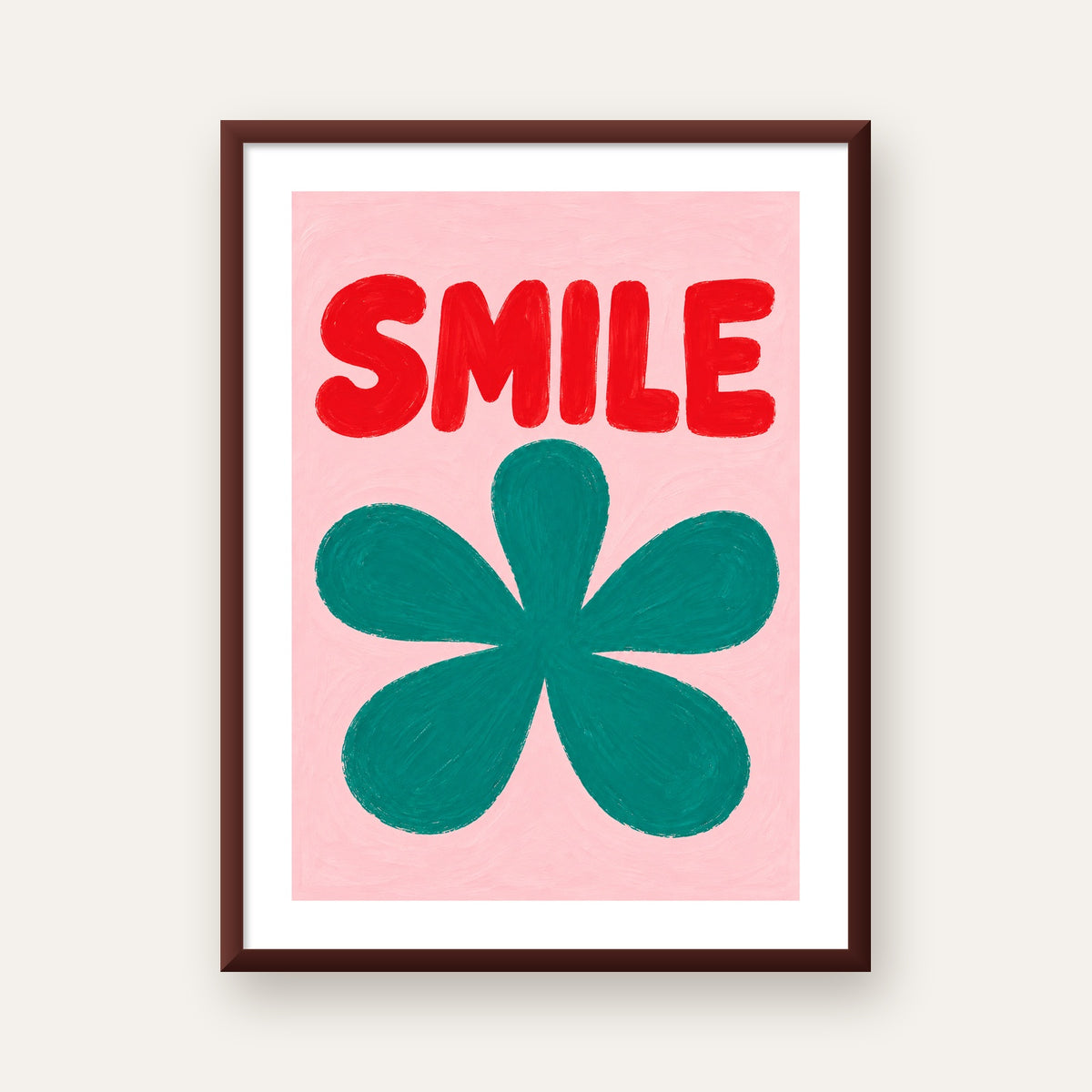 SMILE Kırmızı Yazılı Koyu Yeşil Çiçek Poster – Modern Duvar Sanatı — ceviz çerçeveli paspartulu