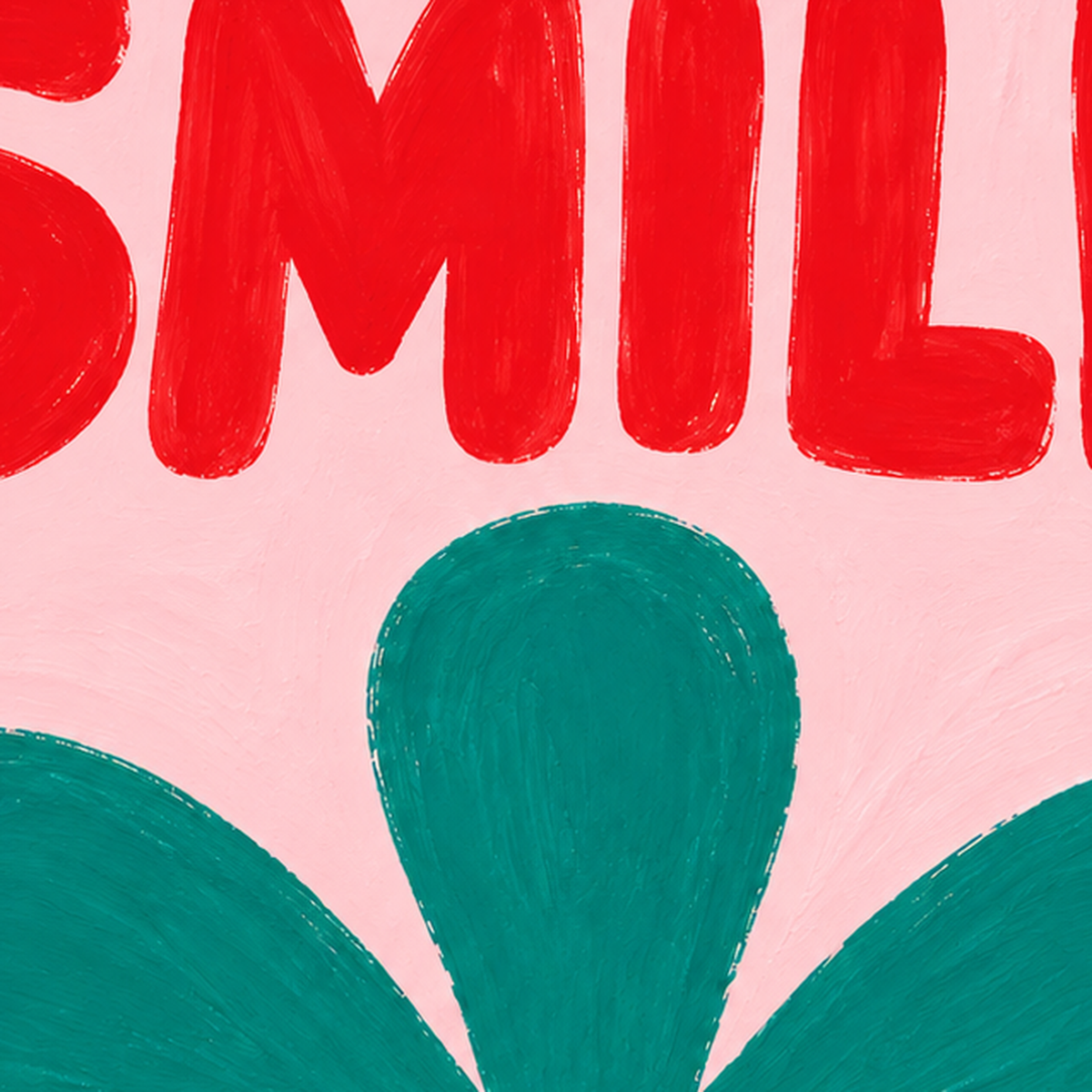 SMILE Kırmızı Yazılı Koyu Yeşil Çiçek Poster – Modern Duvar Sanatı — baskının yakın çekimi, kâğıt dokusu ve renk detayı