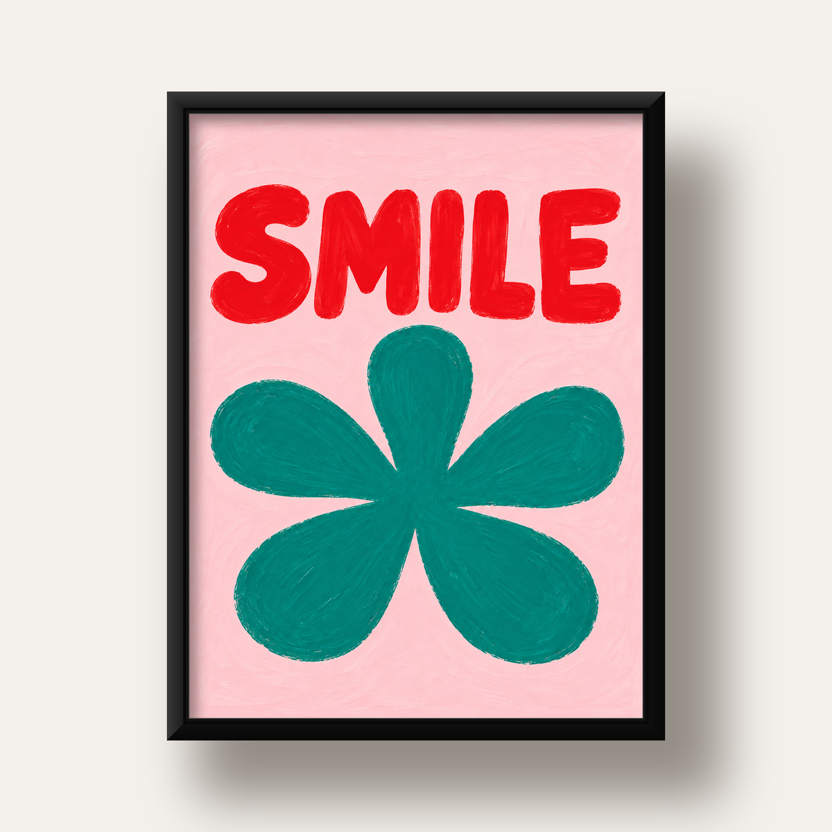 SMILE Kırmızı Yazılı Koyu Yeşil Çiçek Poster – Modern Duvar Sanatı — siyah derin çerçeveli