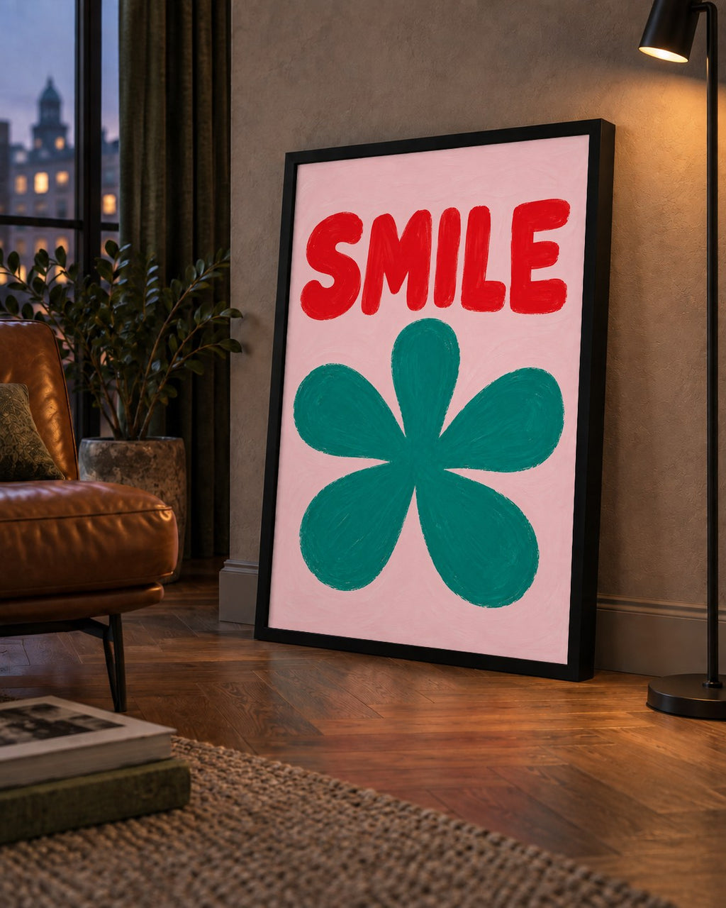 SMILE Kırmızı Yazılı Koyu Yeşil Çiçek Poster – Modern Duvar Sanatı — çerçeveli hâliyle bir ev duvarında