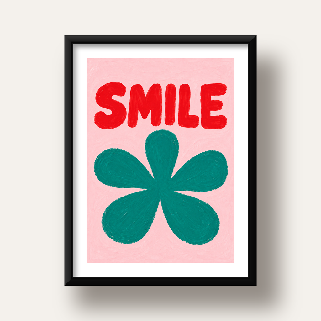 SMILE Kırmızı Yazılı Koyu Yeşil Çiçek Poster – Modern Duvar Sanatı — siyah derin çerçeveli paspartulu