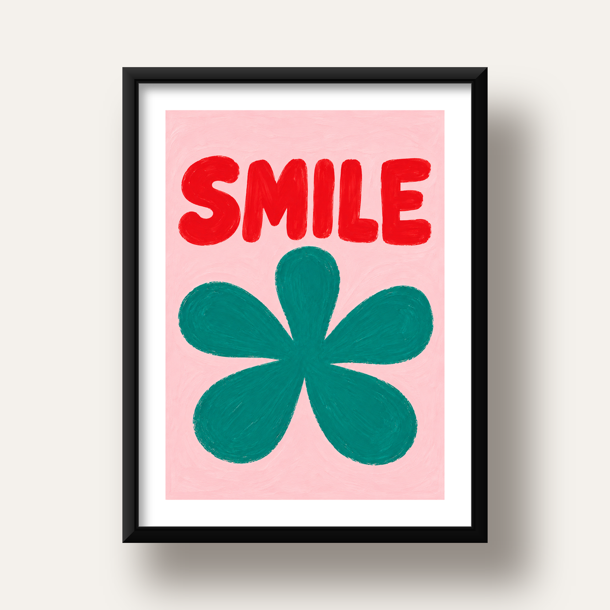 SMILE Kırmızı Yazılı Koyu Yeşil Çiçek Poster – Modern Duvar Sanatı — siyah derin çerçeveli paspartulu