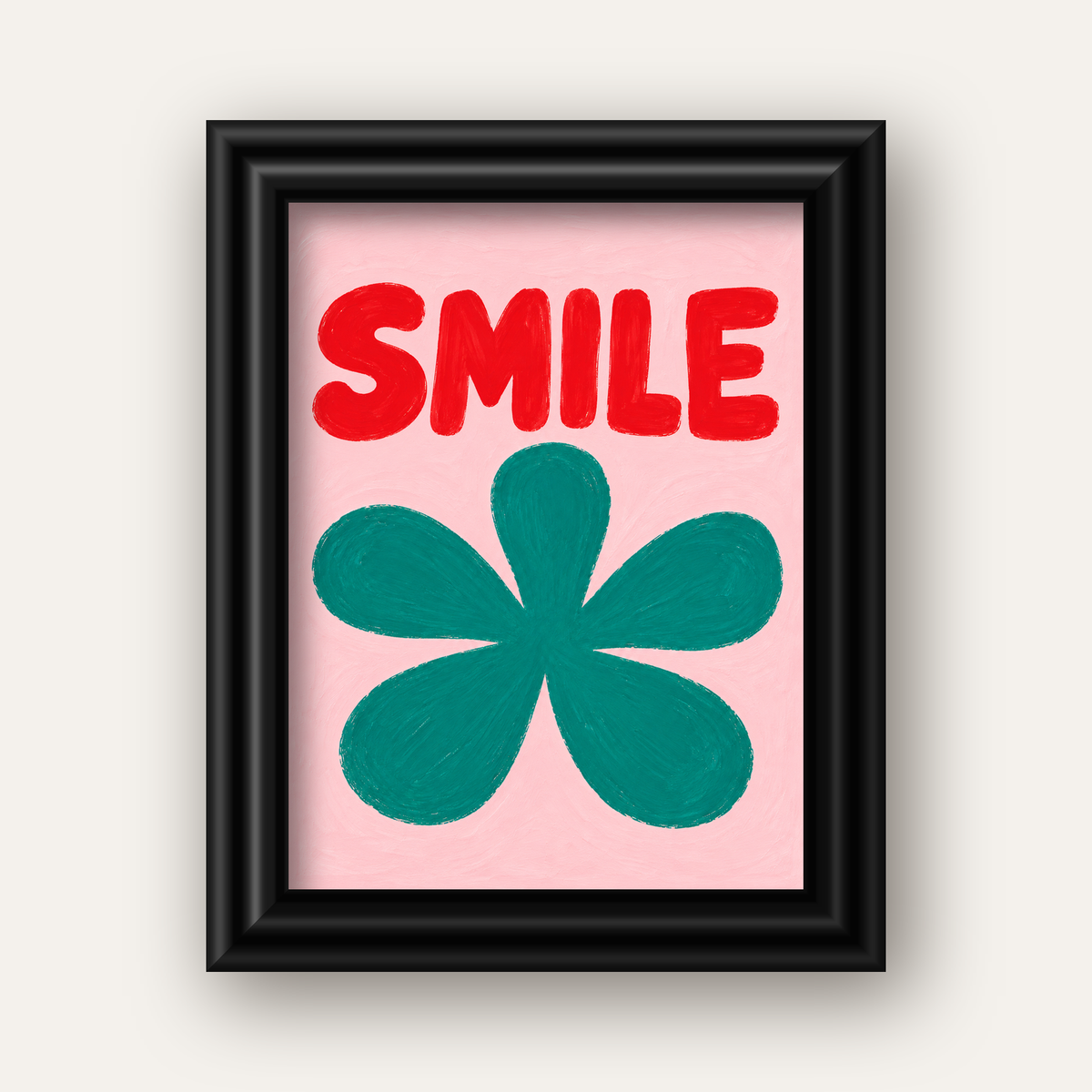 SMILE Kırmızı Yazılı Koyu Yeşil Çiçek Poster – Modern Duvar Sanatı — siyah galeri çerçeveli