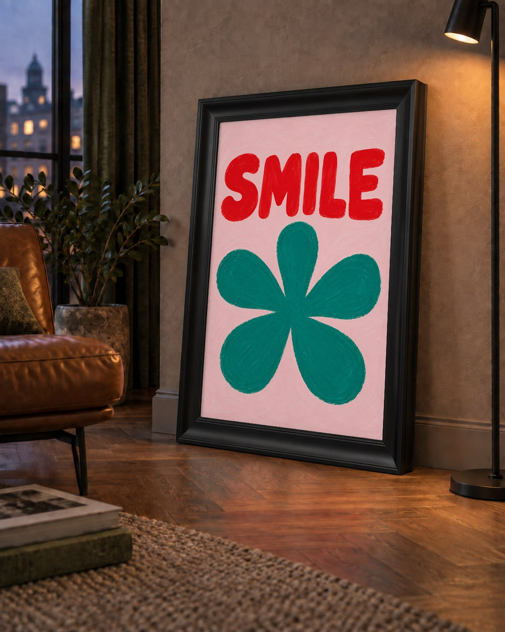 SMILE Kırmızı Yazılı Koyu Yeşil Çiçek Poster – Modern Duvar Sanatı — çerçeveli hâliyle bir ev duvarında