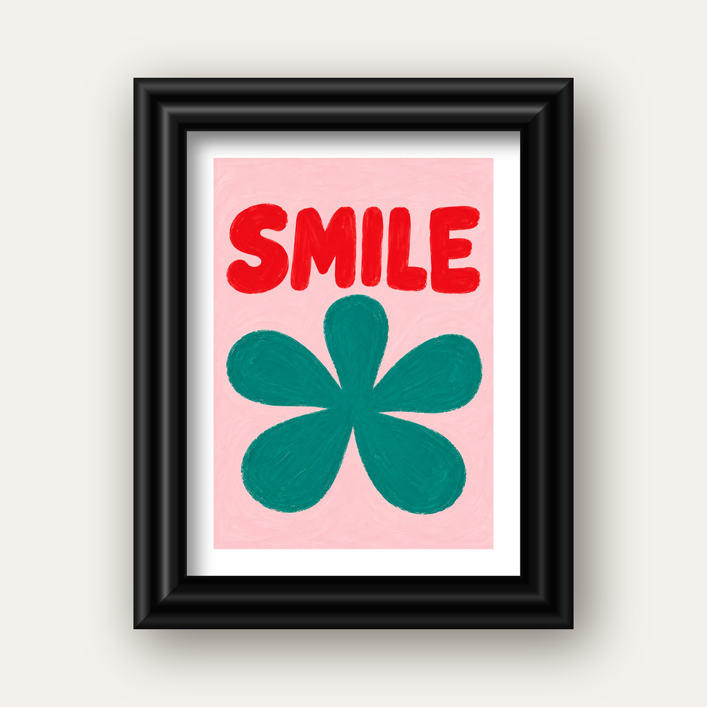 SMILE Kırmızı Yazılı Koyu Yeşil Çiçek Poster – Modern Duvar Sanatı — siyah galeri çerçeveli paspartulu