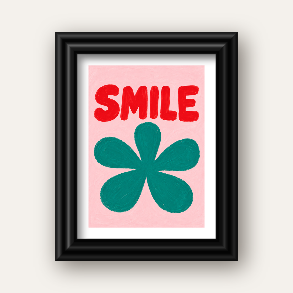 SMILE Kırmızı Yazılı Koyu Yeşil Çiçek Poster – Modern Duvar Sanatı — siyah galeri çerçeveli paspartulu