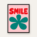 SMILE Kırmızı Yazılı Koyu Yeşil Çiçek Poster – Modern Duvar Sanatı — Dikey baskı, düz siyah çerçeveli duvar posteri