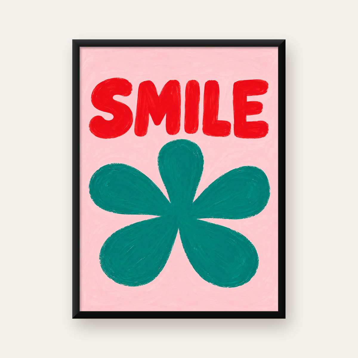 SMILE Kırmızı Yazılı Koyu Yeşil Çiçek Poster – Modern Duvar Sanatı — Dikey baskı, düz siyah çerçeveli duvar posteri