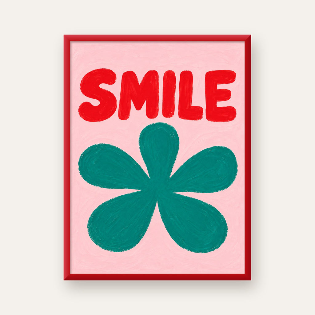 SMILE Kırmızı Yazılı Koyu Yeşil Çiçek Poster – Modern Duvar Sanatı — kırmızı çerçeveli