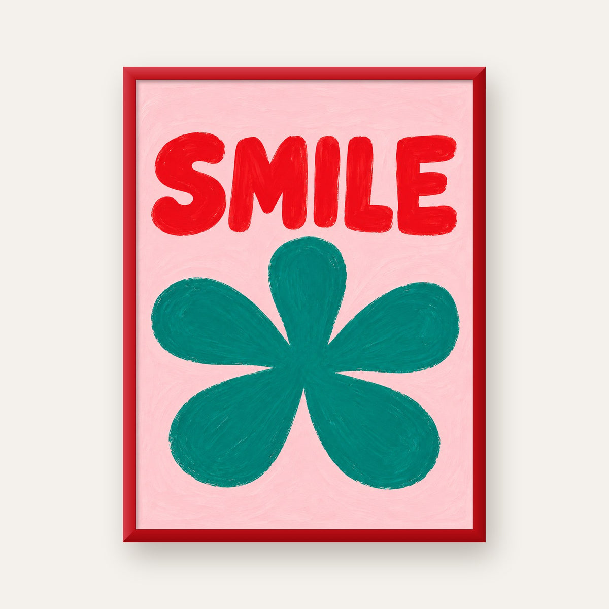 SMILE Kırmızı Yazılı Koyu Yeşil Çiçek Poster – Modern Duvar Sanatı — kırmızı çerçeveli