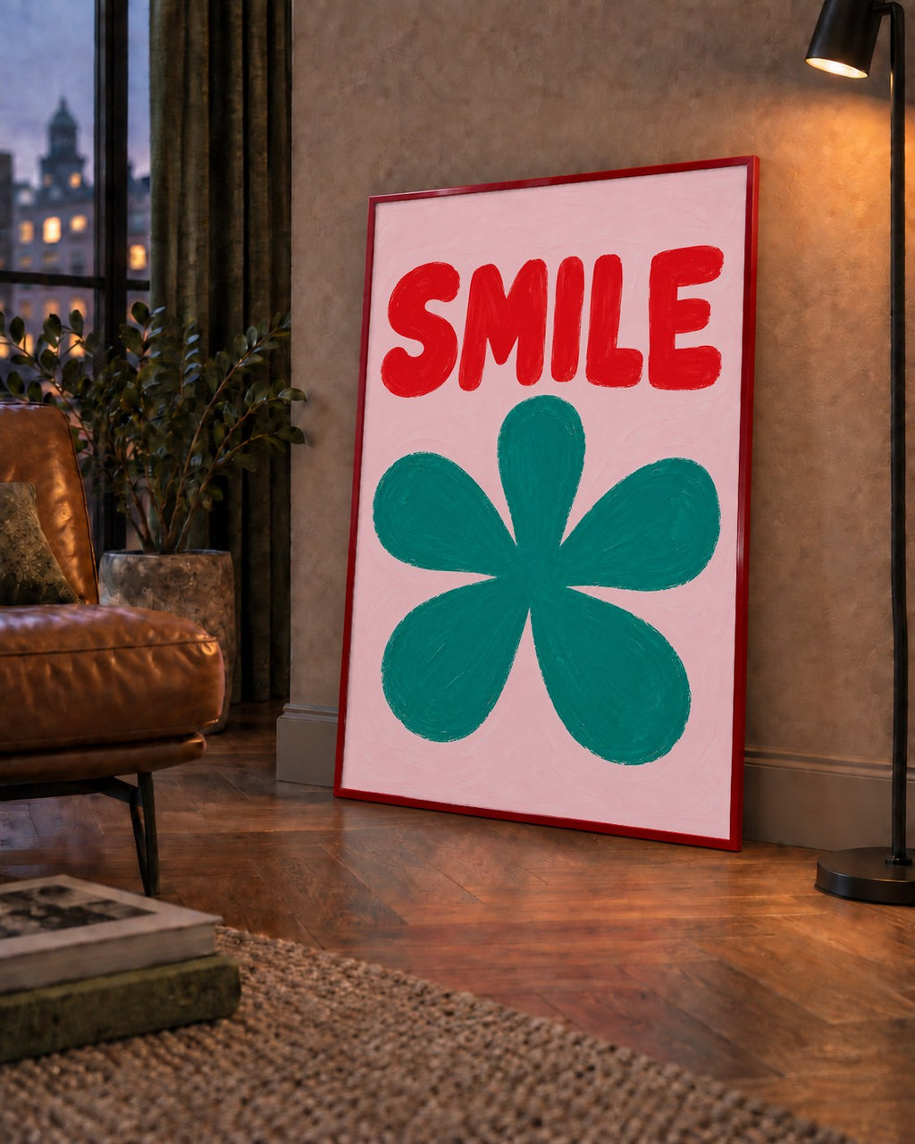 SMILE Kırmızı Yazılı Koyu Yeşil Çiçek Poster – Modern Duvar Sanatı — çerçeveli hâliyle bir ev duvarında