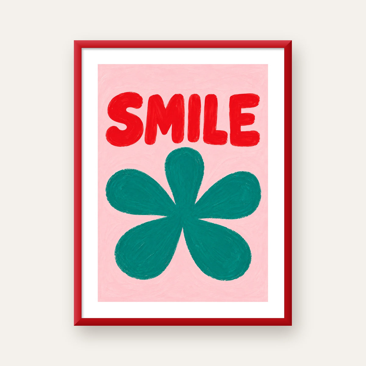 SMILE Kırmızı Yazılı Koyu Yeşil Çiçek Poster – Modern Duvar Sanatı — kırmızı çerçeveli paspartulu